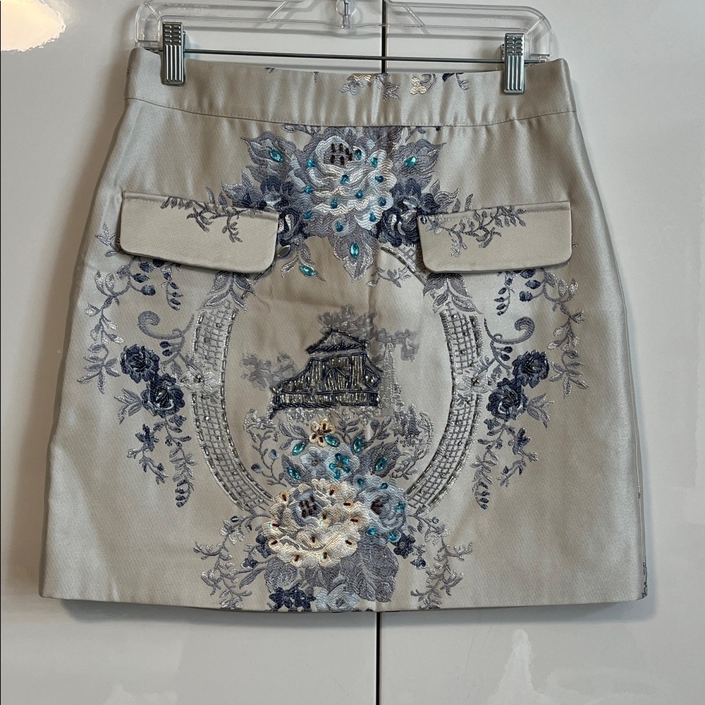 Floral Embroidered Beaded Silver Grey Cotton Mini Skirt Lined, Size M